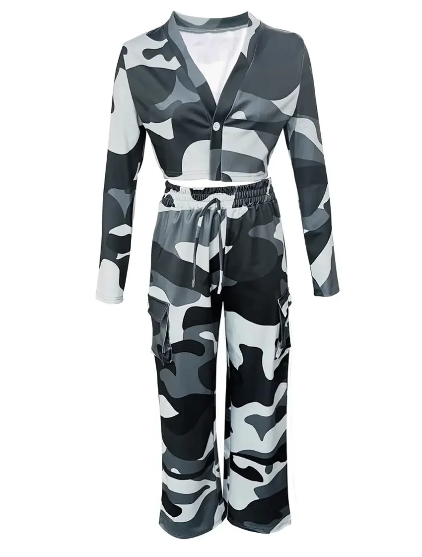 Camouflage Printed Casual Set Fashionable Sexy Short Top Casual Pants Two-piece Set Women's Sports Suit Outdoor Clothing