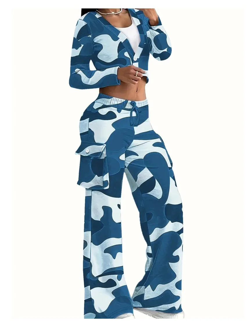 Camouflage Printed Casual Set Fashionable Sexy Short Top Casual Pants Two-piece Set Women's Sports Suit Outdoor Clothing