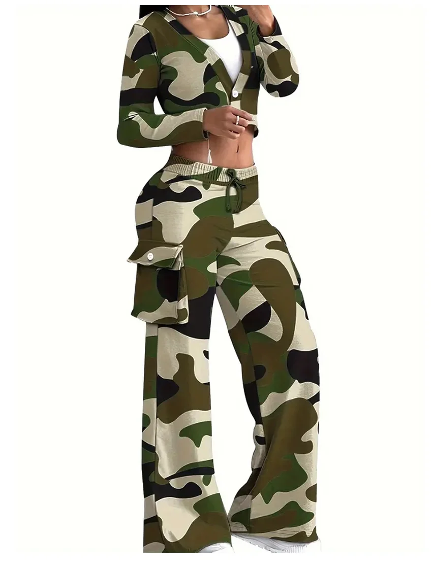 Camouflage Printed Casual Set Fashionable Sexy Short Top Casual Pants Two-piece Set Women's Sports Suit Outdoor Clothing