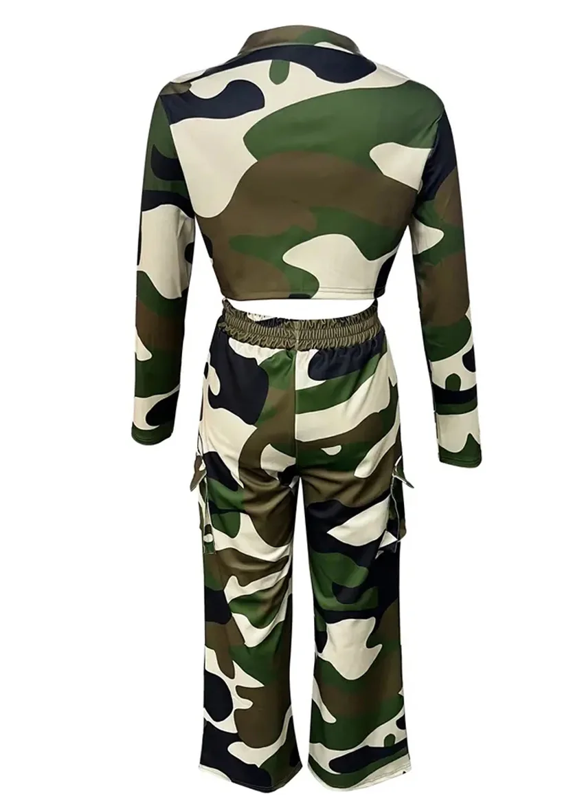 Camouflage Printed Casual Set Fashionable Sexy Short Top Casual Pants Two-piece Set Women's Sports Suit Outdoor Clothing