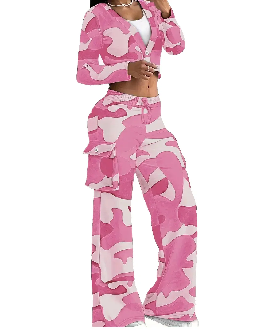Camouflage Printed Casual Set Fashionable Sexy Short Top Casual Pants Two-piece Set Women's Sports Suit Outdoor Clothing