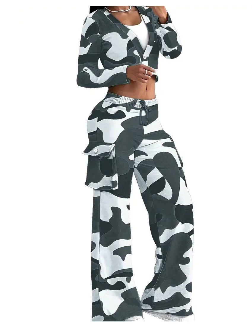 Camouflage Printed Casual Set Fashionable Sexy Short Top Casual Pants Two-piece Set Women's Sports Suit Outdoor Clothing