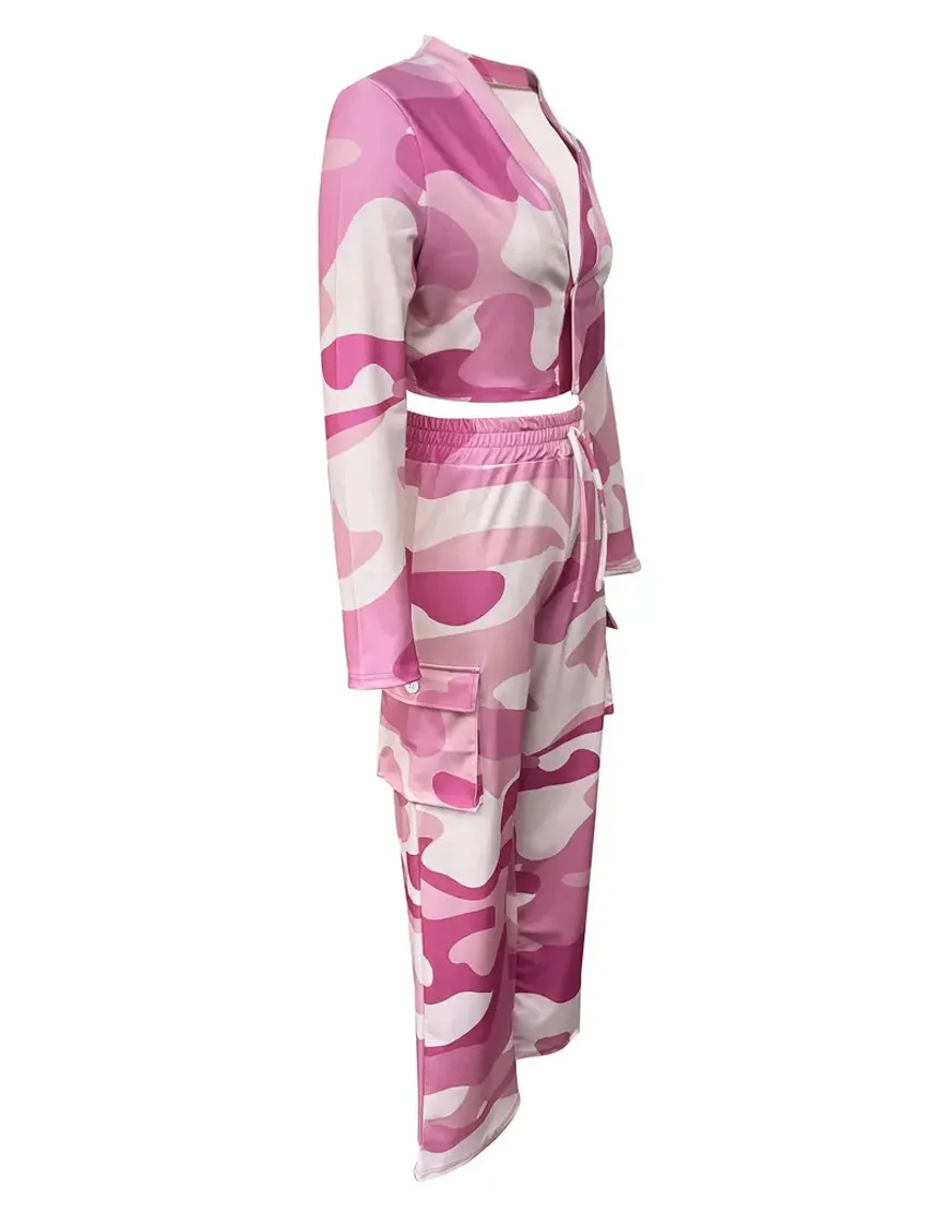 Camouflage Printed Casual Set Fashionable Sexy Short Top Casual Pants Two-piece Set Women's Sports Suit Outdoor Clothing