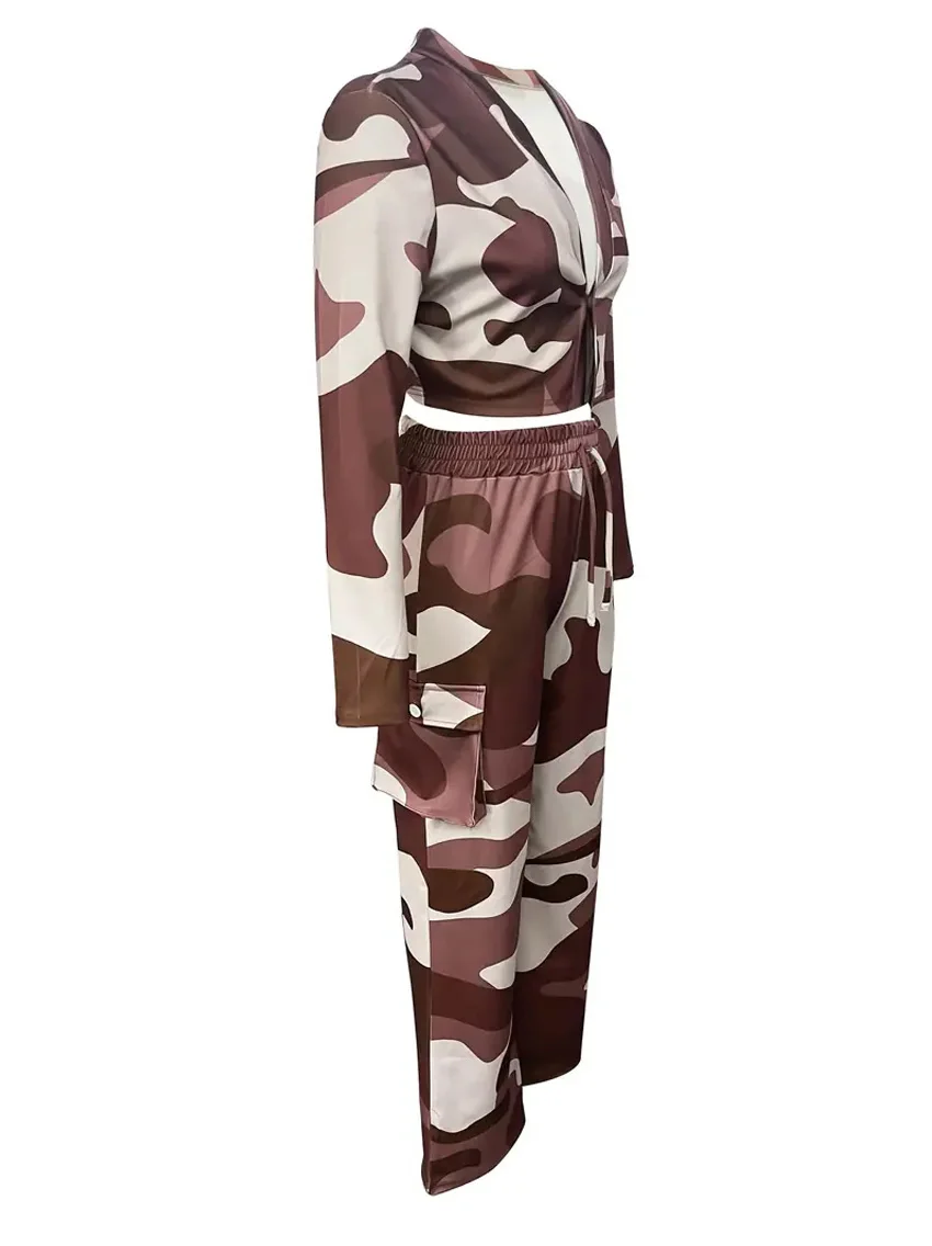 Camouflage Printed Casual Set Fashionable Sexy Short Top Casual Pants Two-piece Set Women's Sports Suit Outdoor Clothing