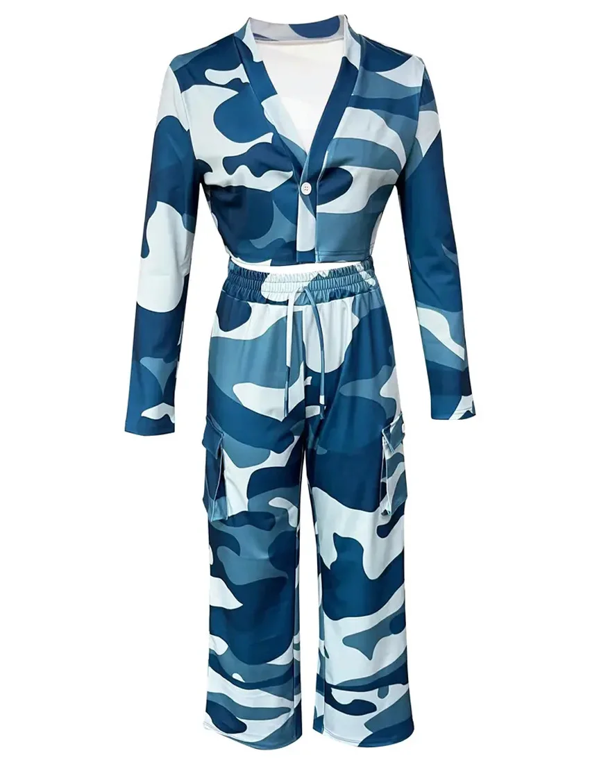 Camouflage Printed Casual Set Fashionable Sexy Short Top Casual Pants Two-piece Set Women's Sports Suit Outdoor Clothing