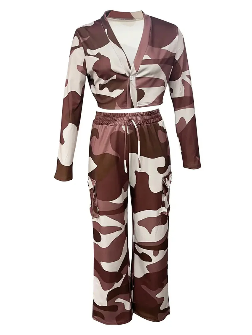 Camouflage Printed Casual Set Fashionable Sexy Short Top Casual Pants Two-piece Set Women's Sports Suit Outdoor Clothing