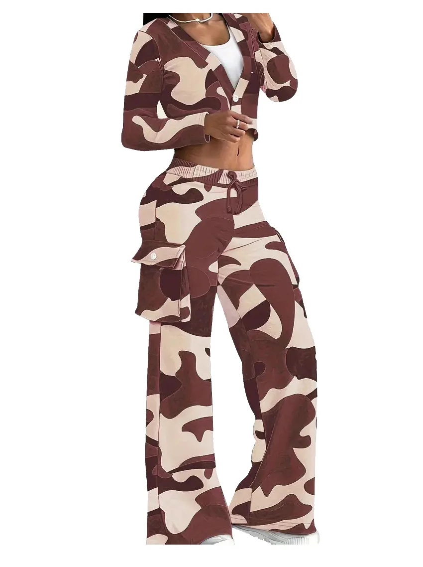 Camouflage Printed Casual Set Fashionable Sexy Short Top Casual Pants Two-piece Set Women's Sports Suit Outdoor Clothing