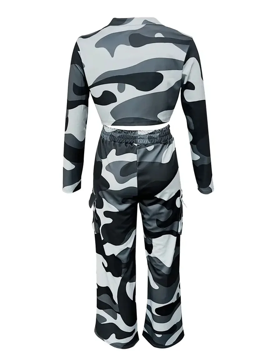 Camouflage Printed Casual Set Fashionable Sexy Short Top Casual Pants Two-piece Set Women's Sports Suit Outdoor Clothing