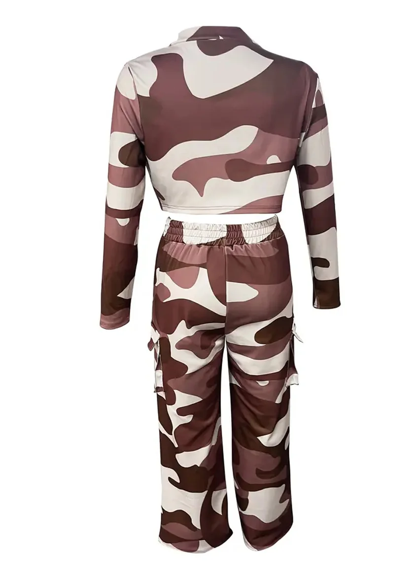 Camouflage Printed Casual Set Fashionable Sexy Short Top Casual Pants Two-piece Set Women's Sports Suit Outdoor Clothing