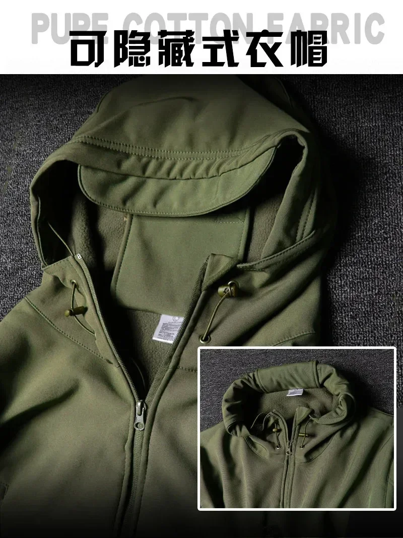 Winter Russian Camo Fleece Hooded Mens Jacket Multiple Pocket Zipper Waterproof and Windproof Hunting Tactical Coat Ropa Hombre