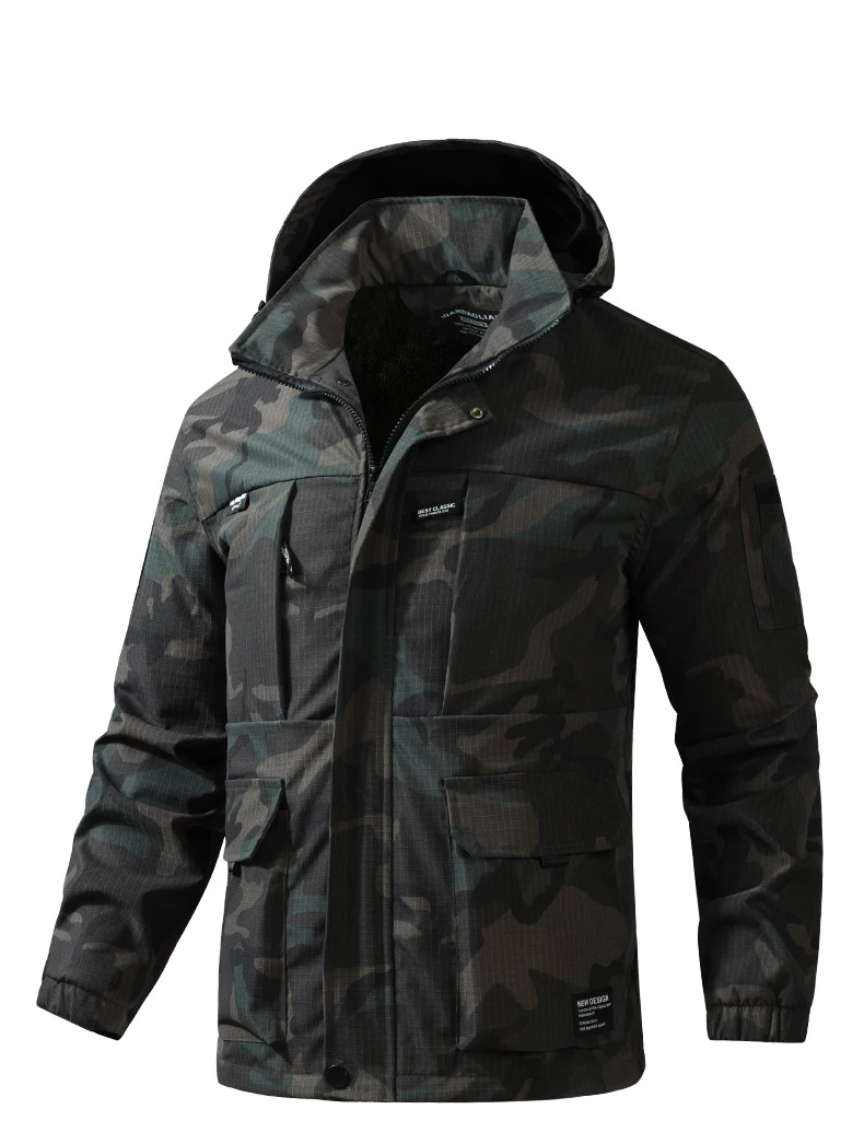 Autumn And Winter Men's Fleece Lined Jacket  Thick Warm Workwear Camouflage Windbreaker Outdoor Hiking Casual Jacket And Coats
