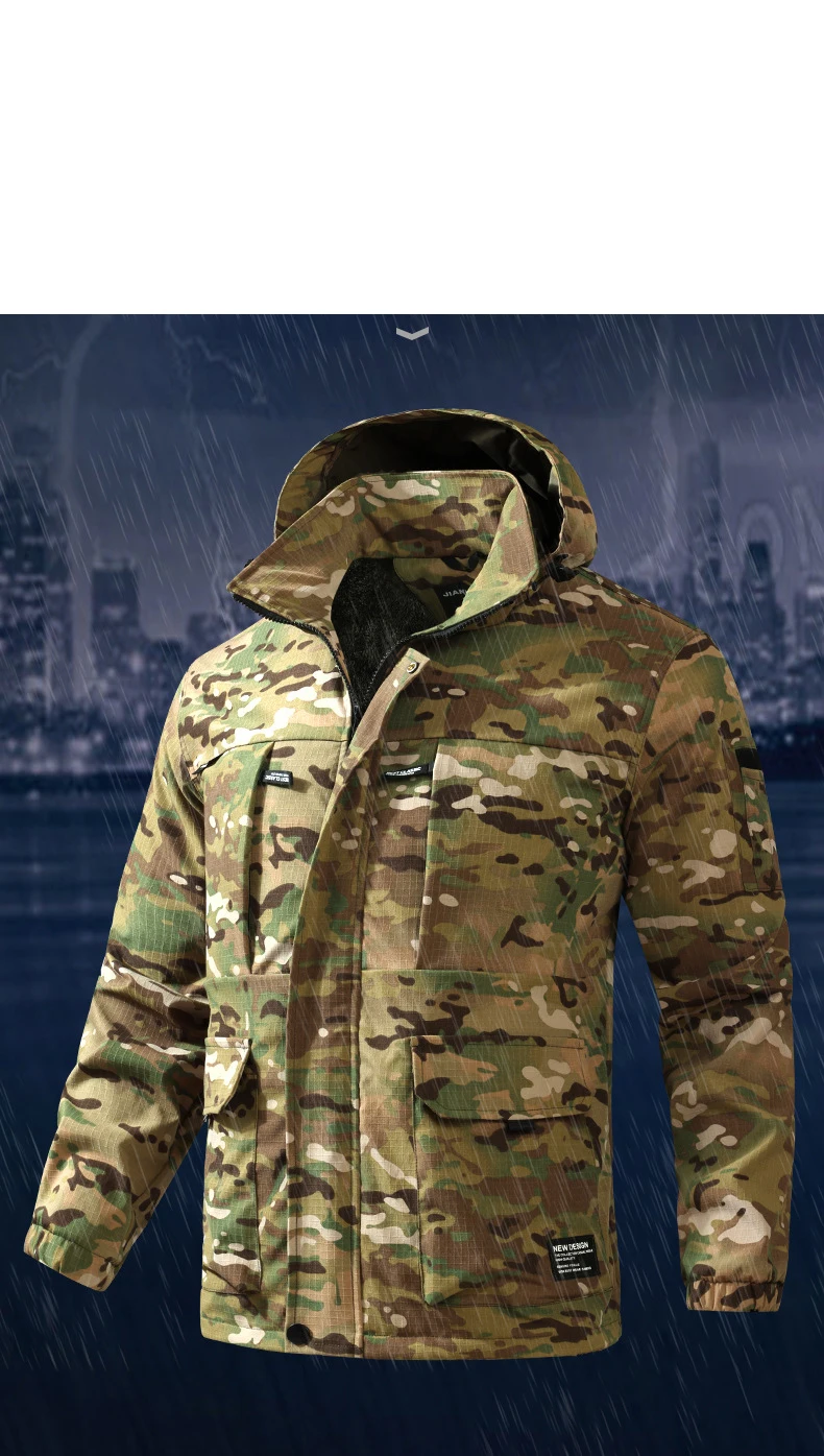 Autumn And Winter Men's Fleece Lined Jacket  Thick Warm Workwear Camouflage Windbreaker Outdoor Hiking Casual Jacket And Coats