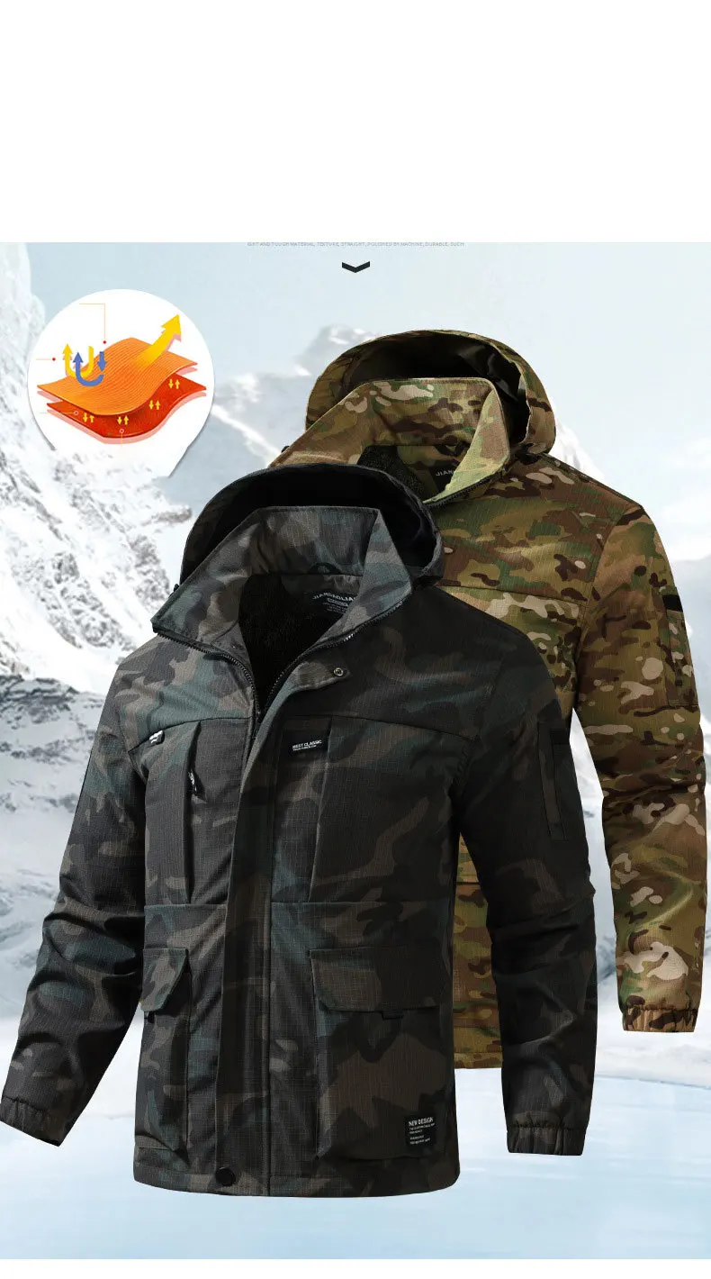 Autumn And Winter Men's Fleece Lined Jacket  Thick Warm Workwear Camouflage Windbreaker Outdoor Hiking Casual Jacket And Coats