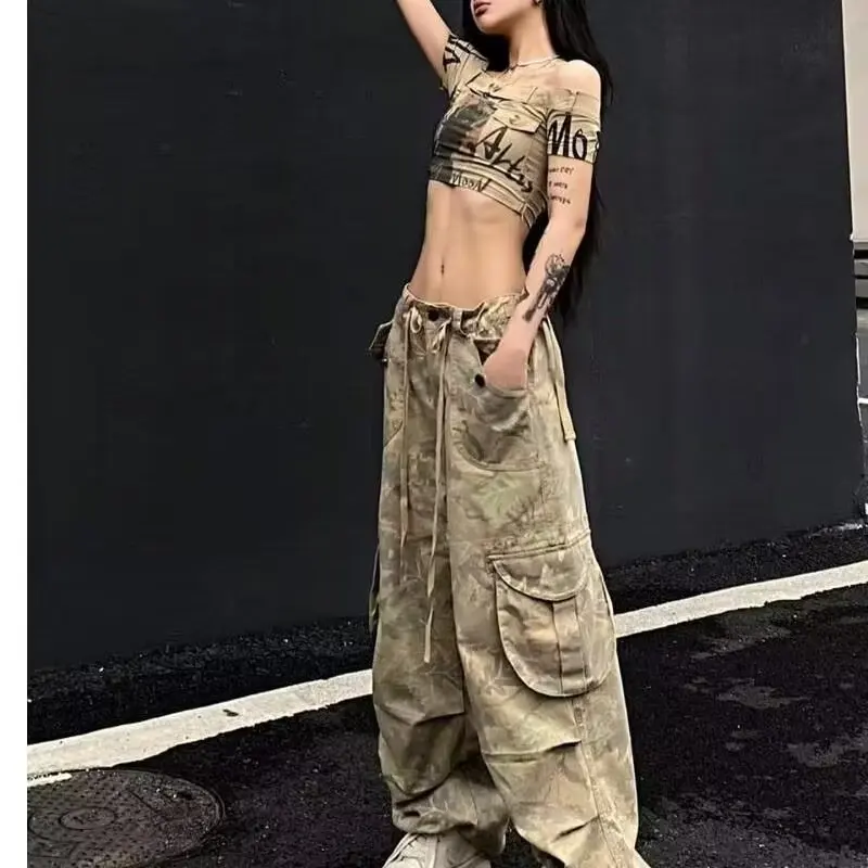 Vintage Washed Cargo Camouflage Jeans for Women American Street Wasteland Style Trendy Straight Pants Baggy Wide Leg Pants