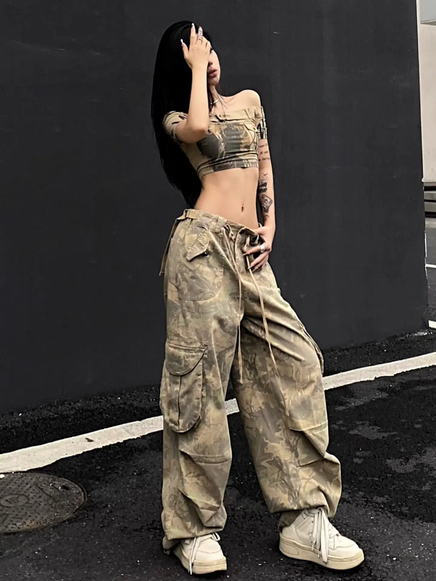 Vintage Washed Cargo Camouflage Jeans for Women American Street Wasteland Style Trendy Straight Pants Baggy Wide Leg Pants