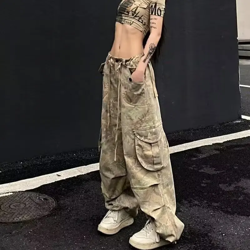 Vintage Washed Cargo Camouflage Jeans for Women American Street Wasteland Style Trendy Straight Pants Baggy Wide Leg Pants