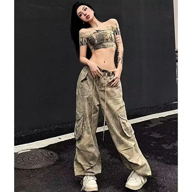 Vintage Washed Cargo Camouflage Jeans for Women American Street Wasteland Style Trendy Straight Pants Baggy Wide Leg Pants
