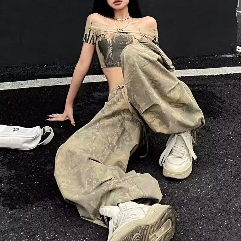 Vintage Washed Cargo Camouflage Jeans for Women American Street Wasteland Style Trendy Straight Pants Baggy Wide Leg Pants