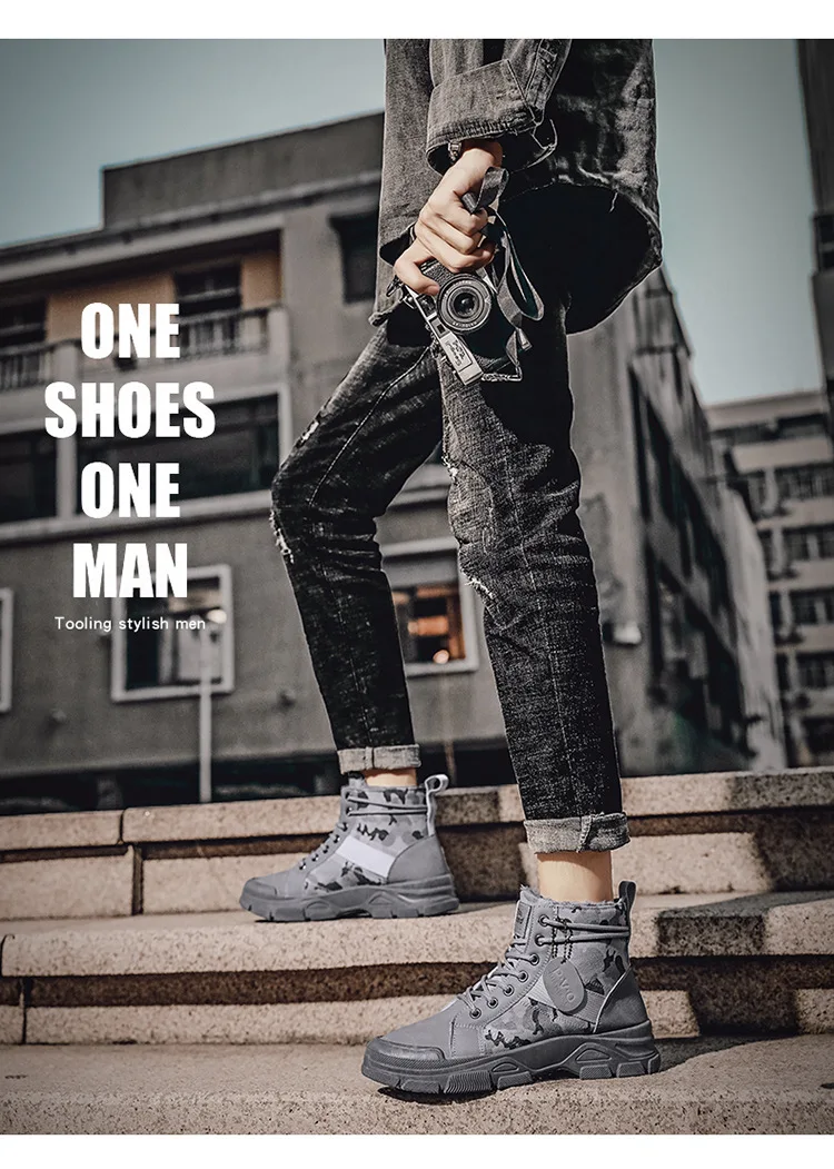 Autumn Winter Camouflage Shoes for Men Fashion Outdoor Male Booties 2024 Cotton Boots with Added Fluff Chunky Desert Ankle Boots