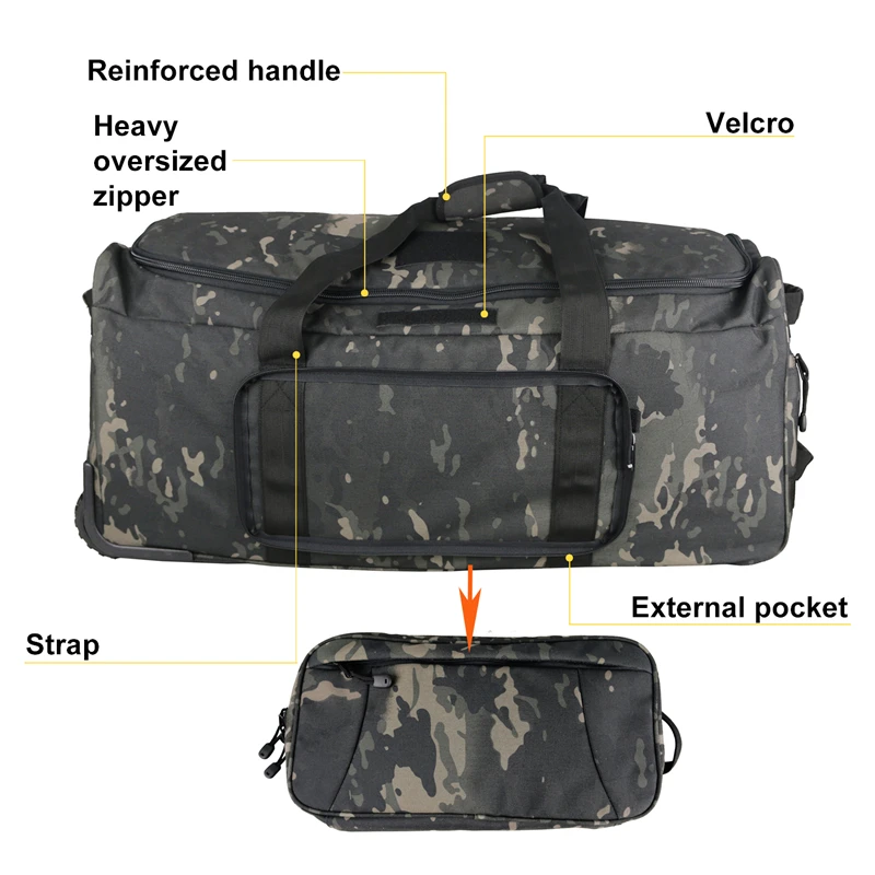 Large Capacity Military Tactical Travel Bag Wheeled Deployment Trolley Duffel Bag Heavy-Duty Camping Hiking Running Trekking