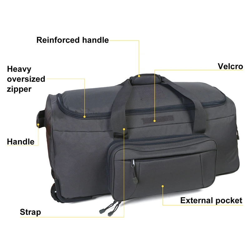 Large Capacity Military Tactical Travel Bag Wheeled Deployment Trolley Duffel Bag Heavy-Duty Camping Hiking Running Trekking