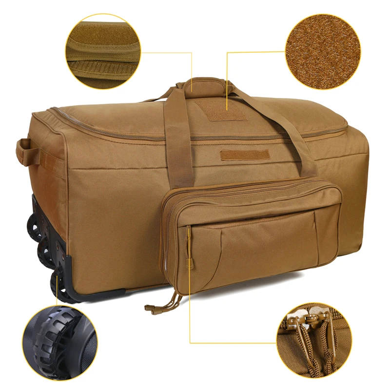 Large Capacity Military Tactical Travel Bag Wheeled Deployment Trolley Duffel Bag Heavy-Duty Camping Hiking Running Trekking