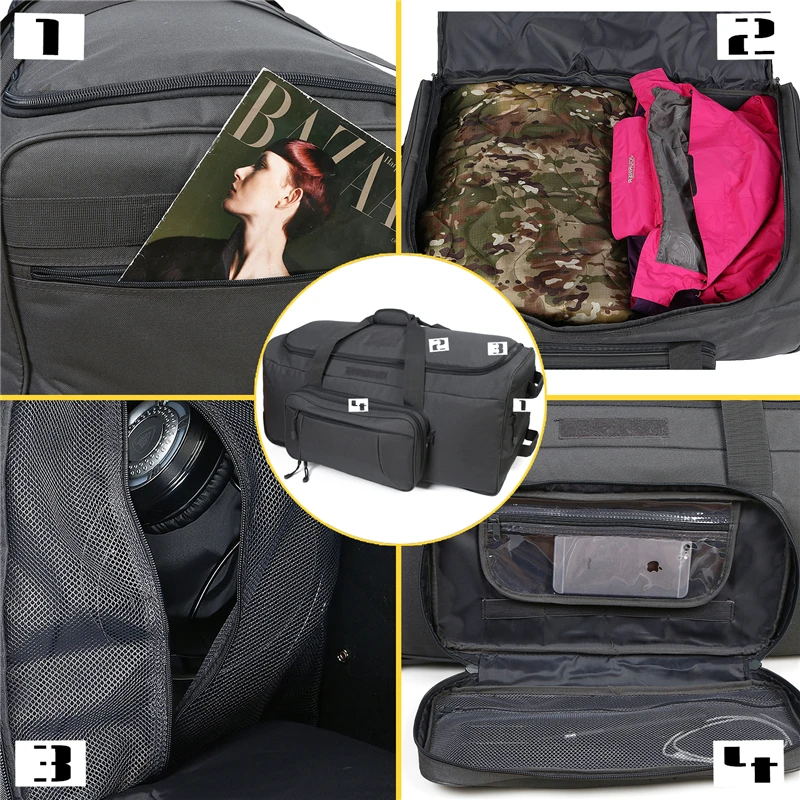 Large Capacity Military Tactical Travel Bag Wheeled Deployment Trolley Duffel Bag Heavy-Duty Camping Hiking Running Trekking