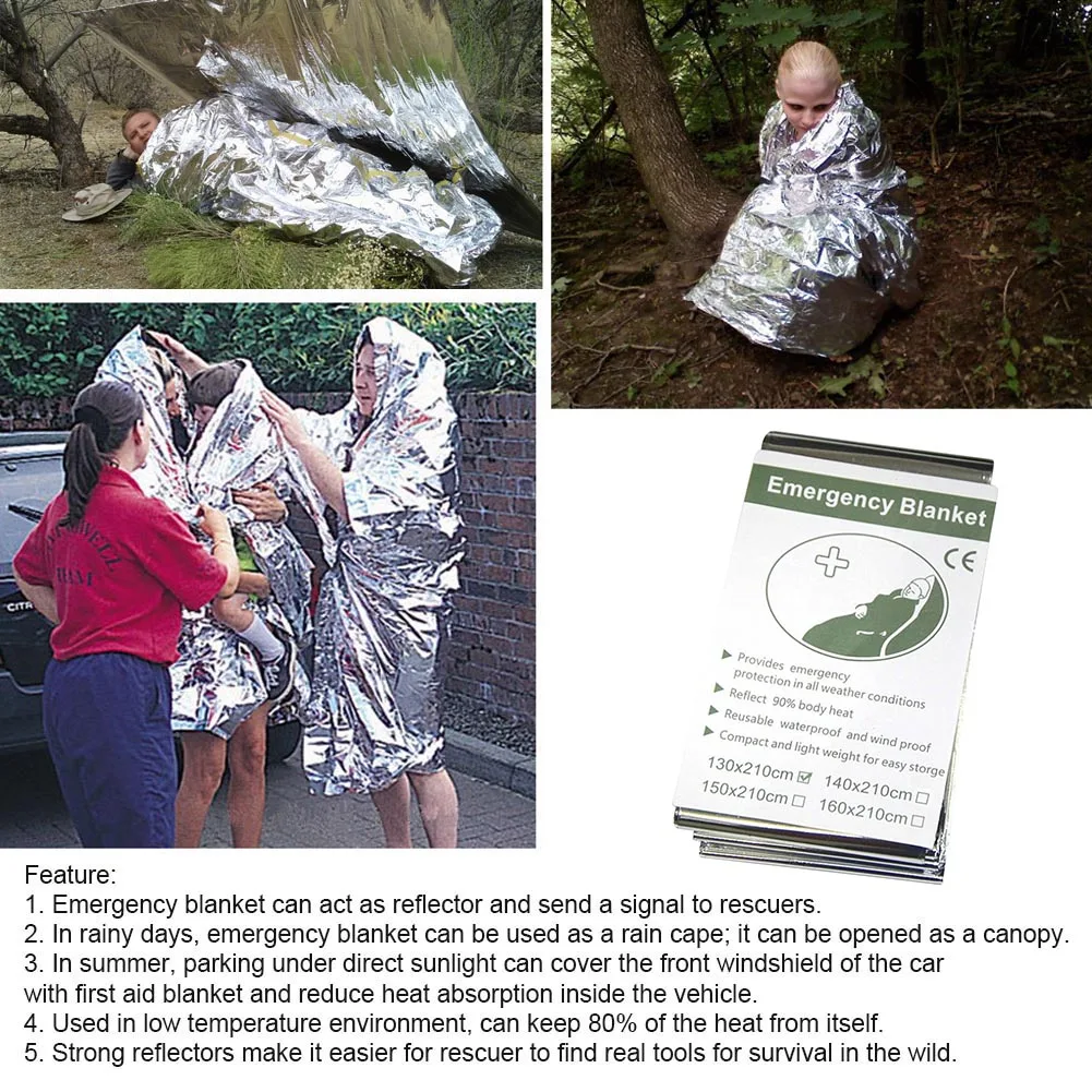 Emergency Blanket Outdoor Survival First Aid Military Rescue Kit Windproof Waterproof Reusable Foil Thermal Blanket for Camping