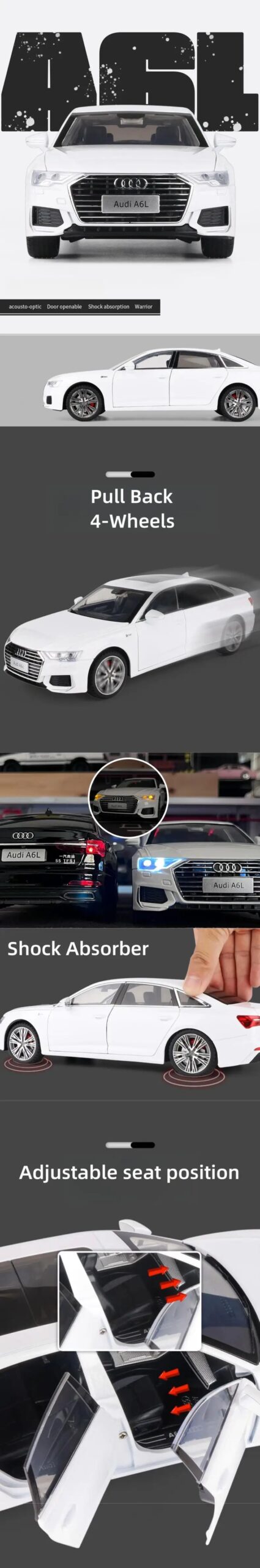 1/18 Audi A6L Toy Car Diecast Alloy Metal Model Miniature Pull Back Sound Light Doors Openable Collection Gift For Boy Children