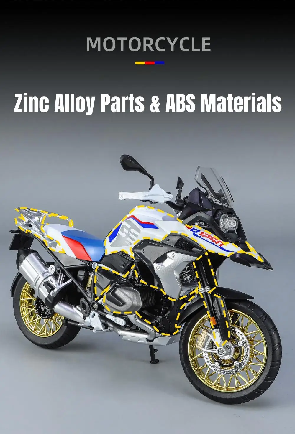 1/9 BMW R1250 GS Toy Motorcycle Model For Children Diecast Metal Motorbike Vehicle Miniature Lightable Collection Gift For Boys