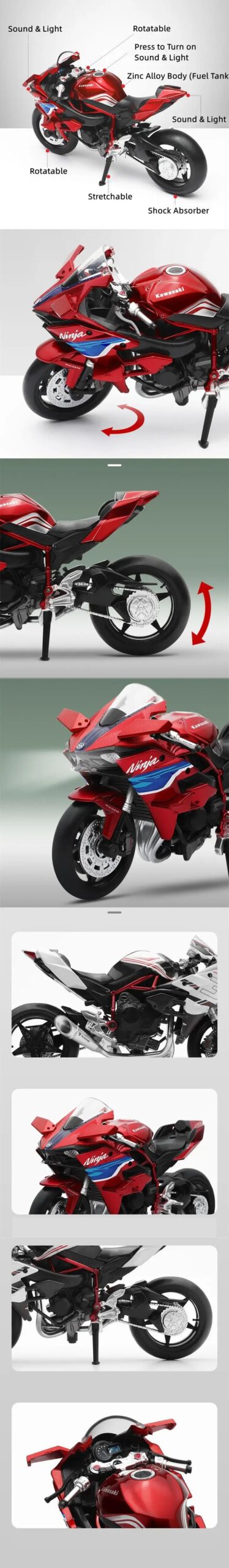 1/12 KAWASAKI H2R Ninja 250 Toy Motorcycle Diecast Metal Model 1:12 Super Sport Racing Sound & Light Collection Gift For Boy Kid