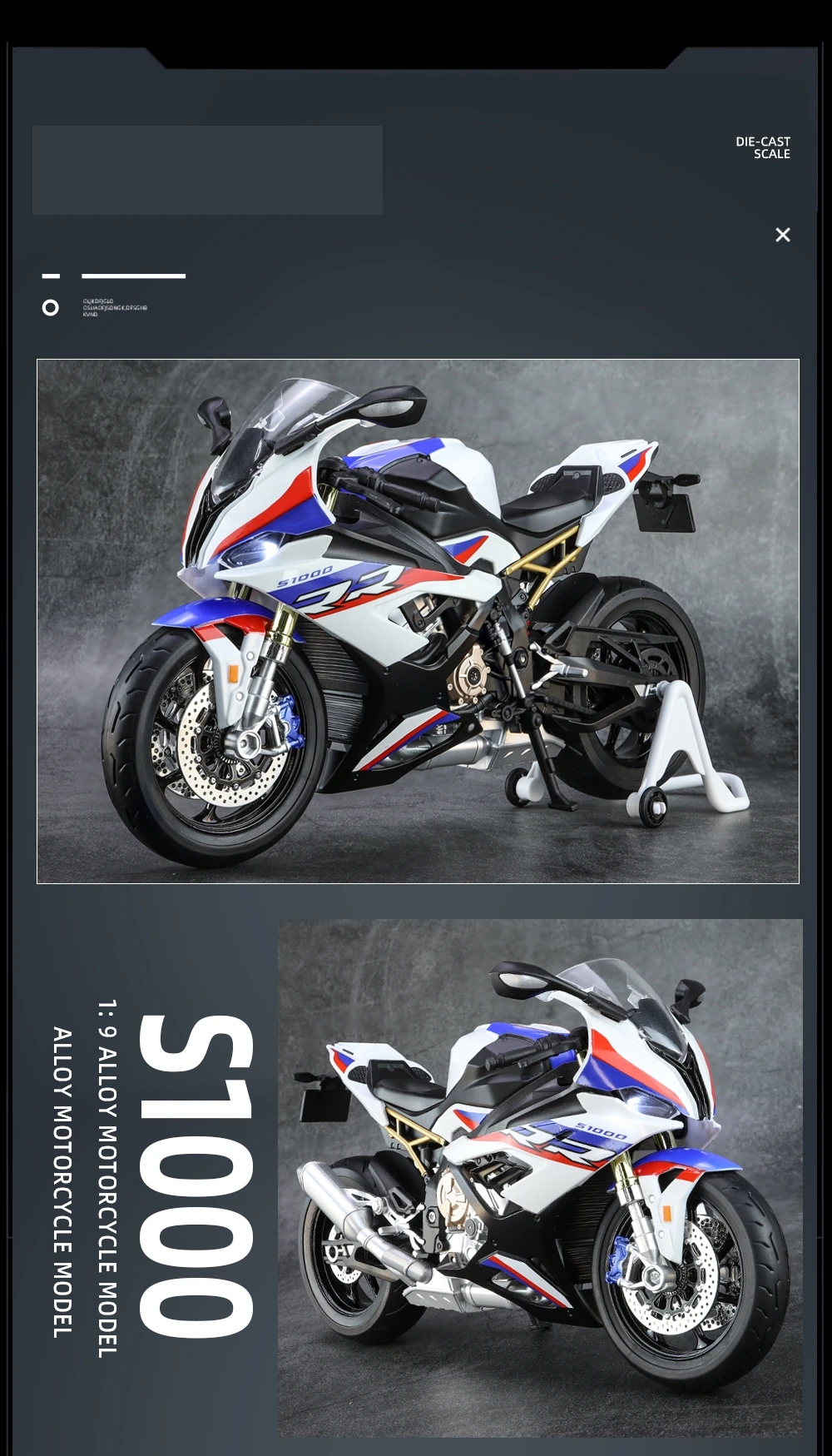 1/9 BMW S1000RR Racing Toy Motorcycle For Children Diecast Metal Large Size Model Super Racing Lightable Collection Gift For Boy