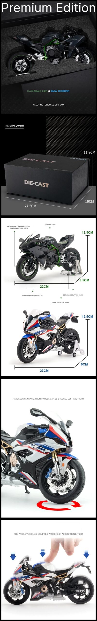 1/9 BMW S1000RR Racing Toy Motorcycle For Children Diecast Metal Large Size Model Super Racing Lightable Collection Gift For Boy
