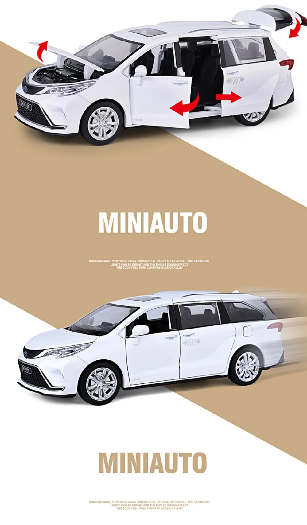 1:24 Sienna MPV Alloy Car Model Toy Diecast Metal Vehicles Model with Sound and Light Commercial Vehicle for Boy Birthday Gifts