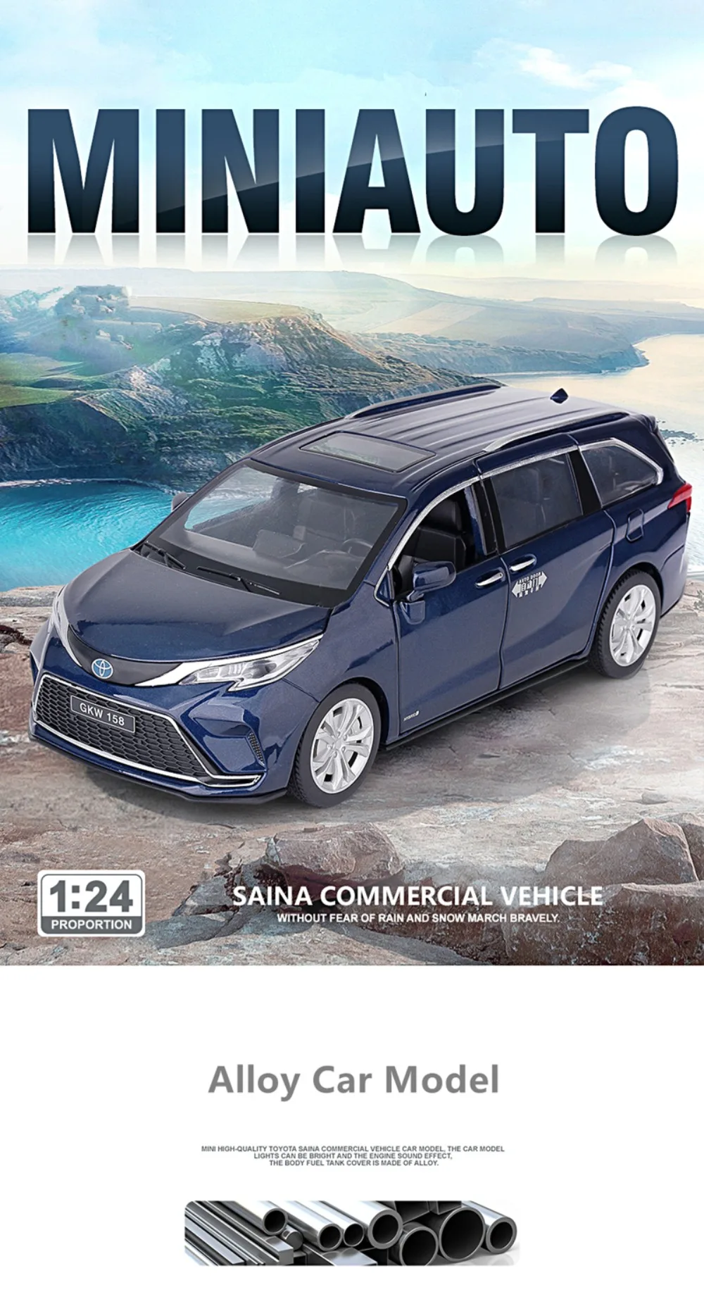 1:24 Sienna MPV Alloy Car Model Toy Diecast Metal Vehicles Model with Sound and Light Commercial Vehicle for Boy Birthday Gifts