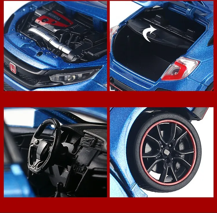 1/32 Honda Civic Type R Toy Car For Children Diecast Miniature Model Pull Back Doors Openable Sound Light Collection Gift Boys