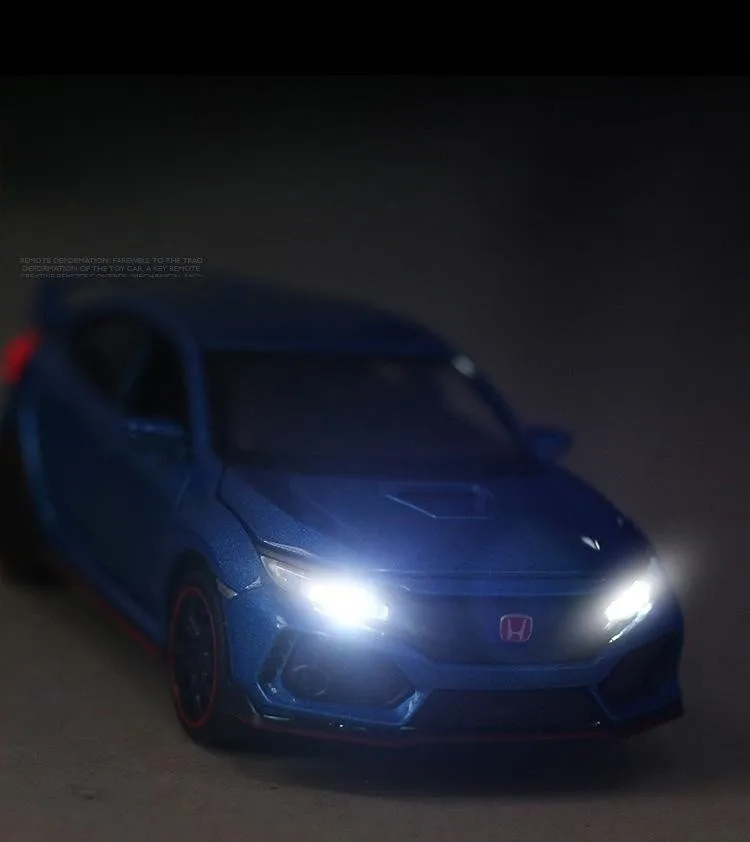 1/32 Honda Civic Type R Toy Car For Children Diecast Miniature Model Pull Back Doors Openable Sound Light Collection Gift Boys