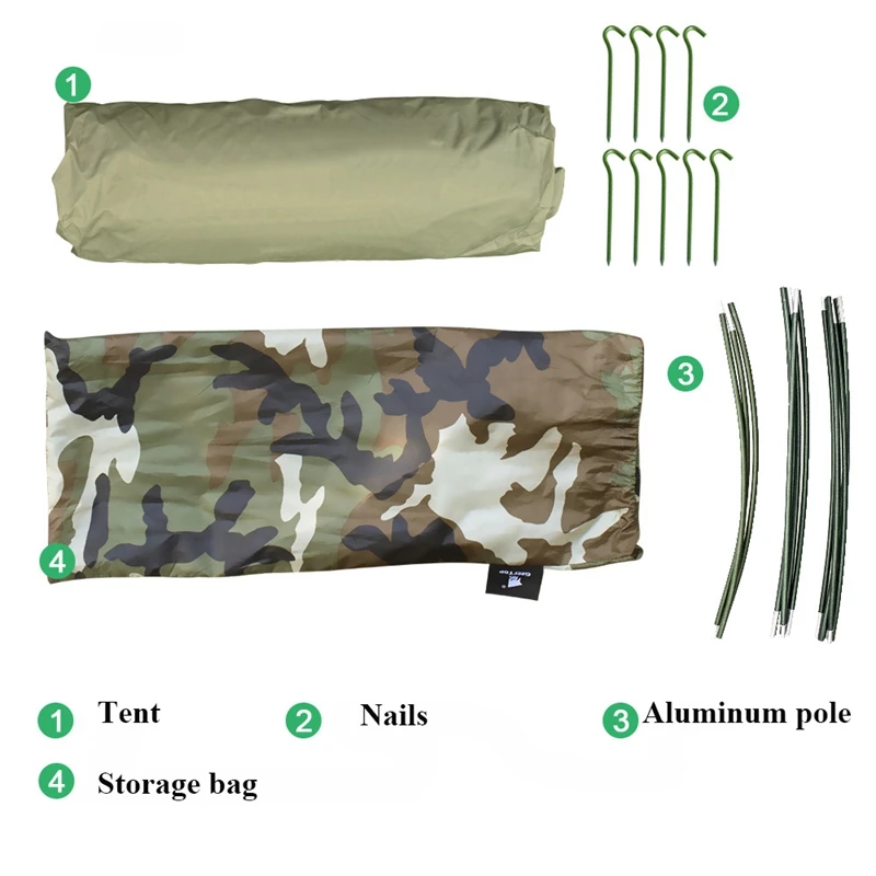 Single Person Camouflage Tunnel Tent, Outdoor Camping, Portable Lightweight Rainproof Nylon Fabric, Aluminum Pole, Double Zipper