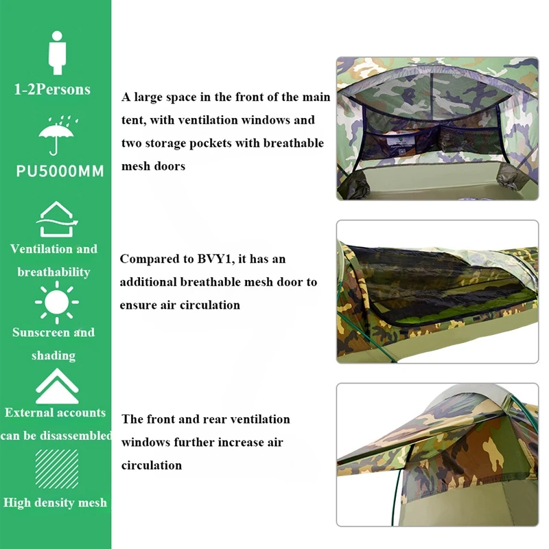 Single Person Camouflage Tunnel Tent, Outdoor Camping, Portable Lightweight Rainproof Nylon Fabric, Aluminum Pole, Double Zipper