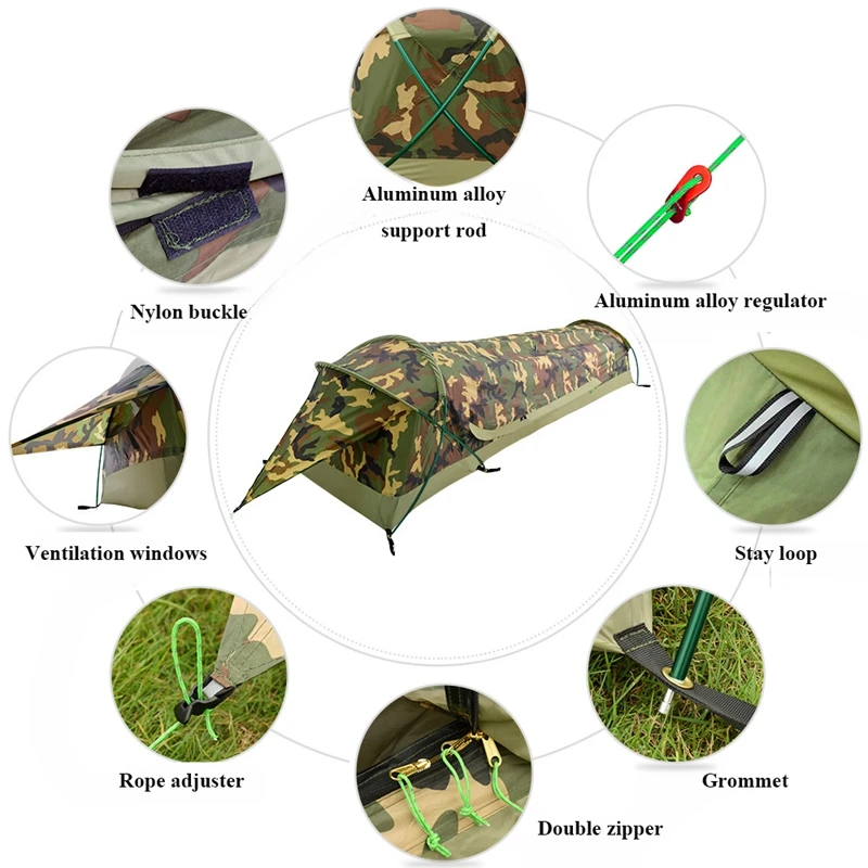 Single Person Camouflage Tunnel Tent, Outdoor Camping, Portable Lightweight Rainproof Nylon Fabric, Aluminum Pole, Double Zipper