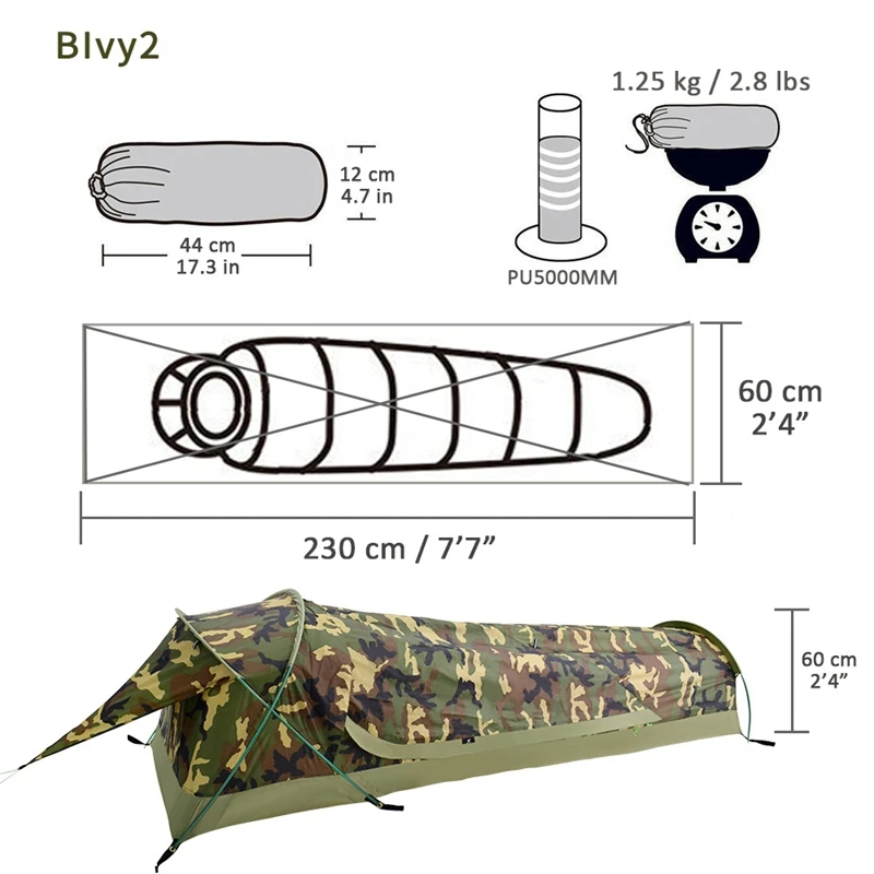 Single Person Camouflage Tunnel Tent, Outdoor Camping, Portable Lightweight Rainproof Nylon Fabric, Aluminum Pole, Double Zipper