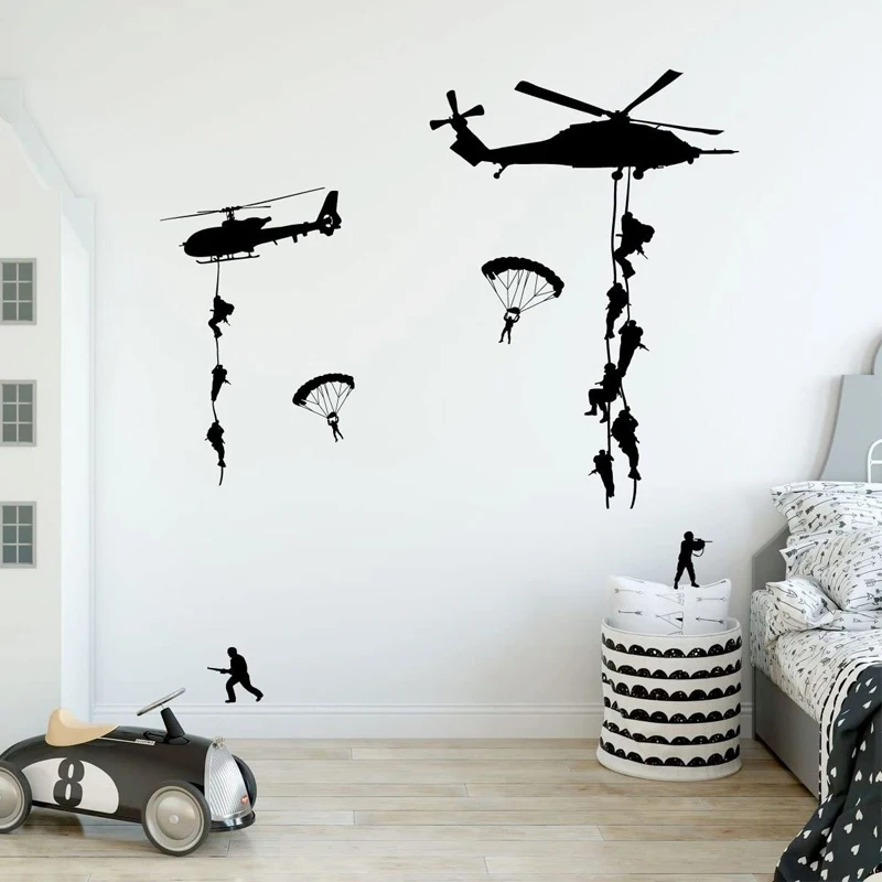 Army Soldier Wall Sticker Aircraft Vinyl Decal Teens Boys Kids Bedroom Decor Troops Fans Man Home Decoration Parachuting Landing