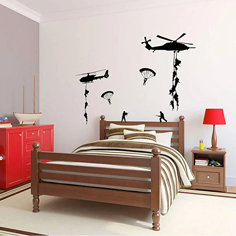 Army Soldier Wall Sticker Aircraft Vinyl Decal Teens Boys Kids Bedroom Decor Troops Fans Man Home Decoration Parachuting Landing