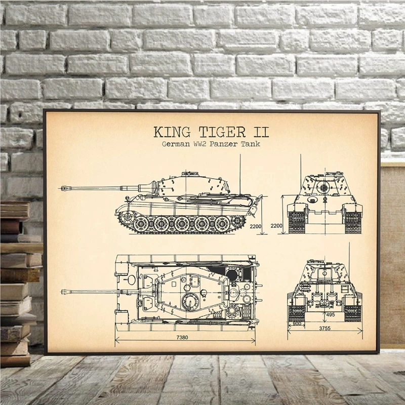WW2 Tank Patent Vintage Posters and Prints German Tank King Tiger 2 Blueprint Art Canvas Painting Boys Gifts Wall Art Decor