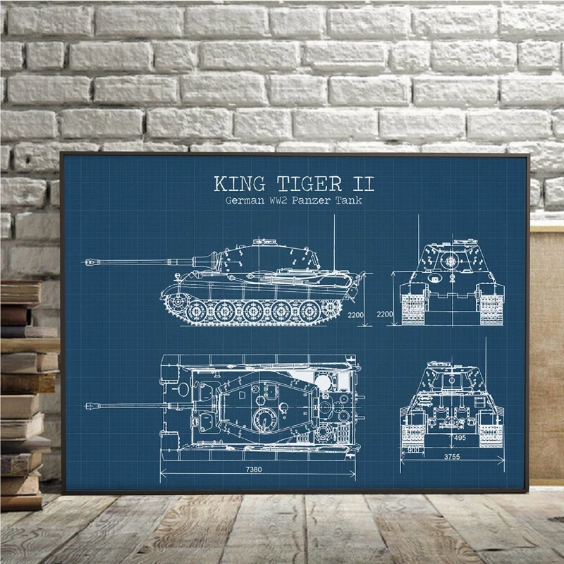 WW2 Tank Patent Vintage Posters and Prints German Tank King Tiger 2 Blueprint Art Canvas Painting Boys Gifts Wall Art Decor