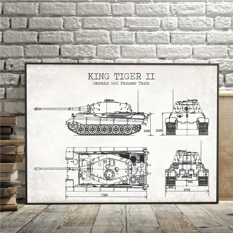 WW2 Tank Patent Vintage Posters and Prints German Tank King Tiger 2 Blueprint Art Canvas Painting Boys Gifts Wall Art Decor