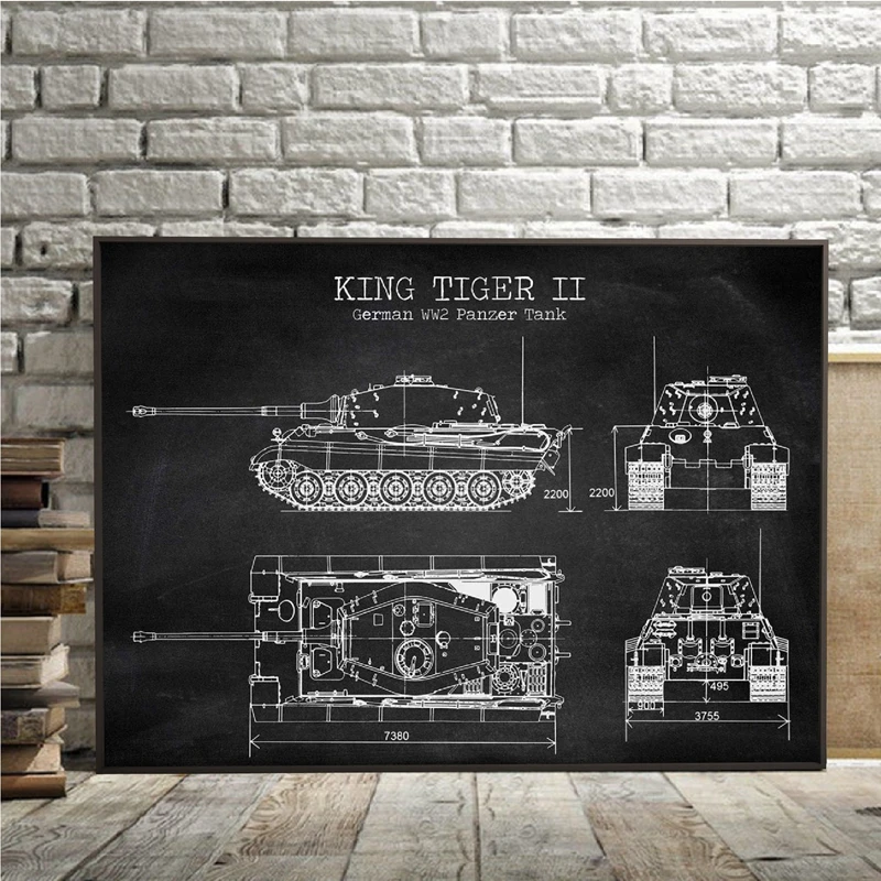 WW2 Tank Patent Vintage Posters and Prints German Tank King Tiger 2 Blueprint Art Canvas Painting Boys Gifts Wall Art Decor
