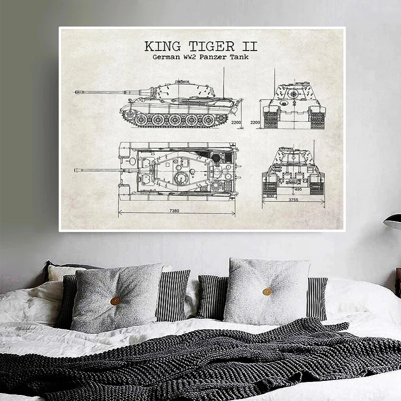 W2 Tank Patent Vintage Poster and Print German Tank King Tiger 2 Blueprint Art Canvas Painting Boy Gift Wall Decorative Painting