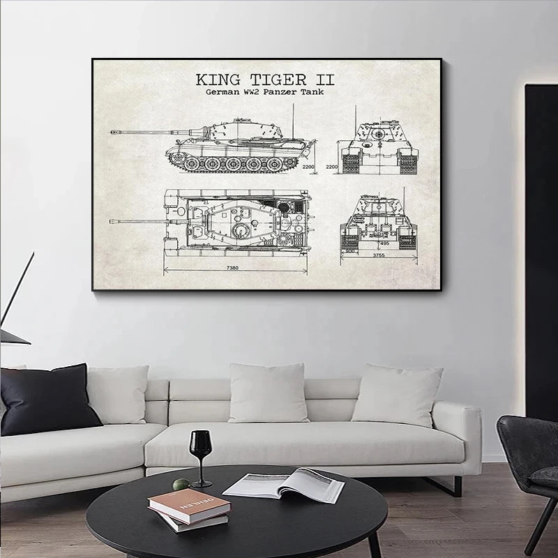 W2 Tank Patent Vintage Poster and Print German Tank King Tiger 2 Blueprint Art Canvas Painting Boy Gift Wall Decorative Painting