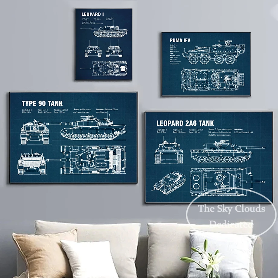 Tank Design Drawing Canvas Painting Military Poster Wall Art Picture HD Printing Modern Boy Bedroom Decorative Painting Gift